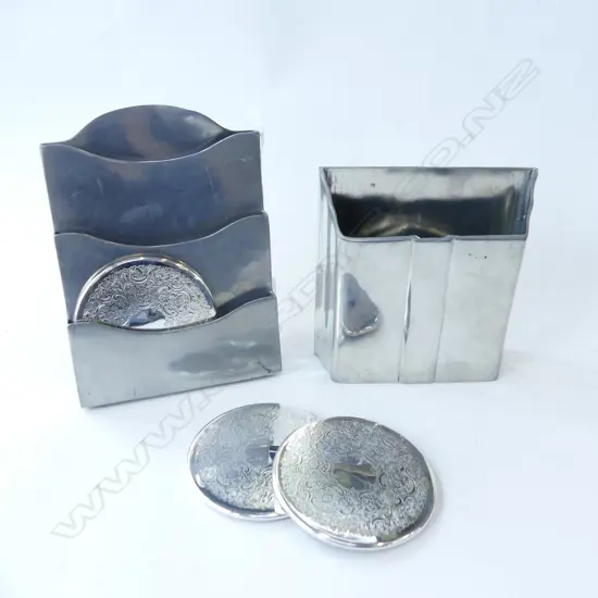 2 PORTUGESE DE CAMPOS ETAIN PEWTER LETTER HOLDERS + 6 SILVER PLATE COASTERS 85mm