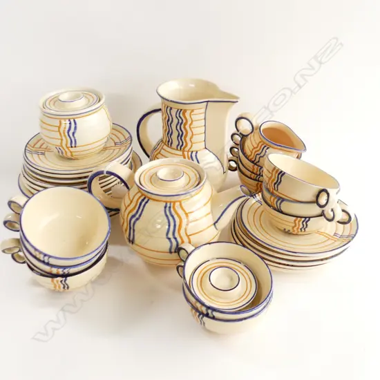 34 PCE GERMAN MAJOLICA TEA SET BY SCHRAMBERG HANDGEMALT; 12 CUPS, 11 SAUCERS, 7 PLATES 195mm dia...