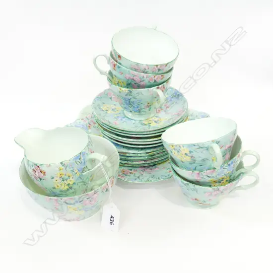 21 PCE SHELLEY MINT GREEN MELODY CHINTZ TEA SET; 6 TRIOS, CAKE PLATE, MILK & SUGAR