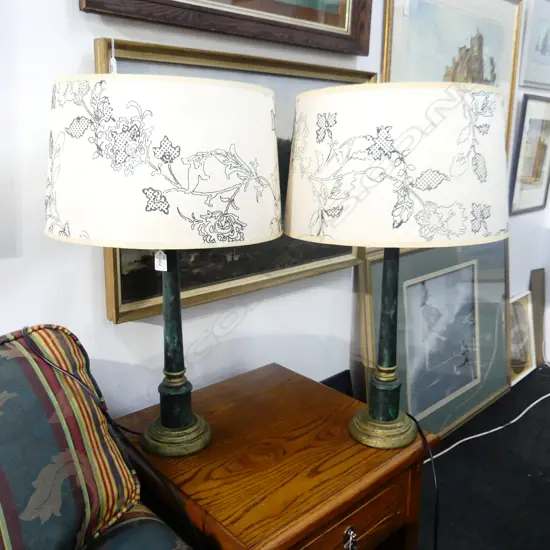 PR GREEN FAUX MARBLE LAMPS w. PARCHMENT SHADES H.670mm / 370mm dia