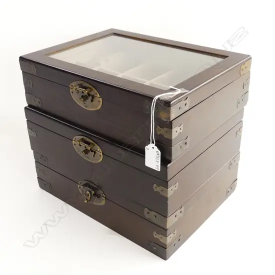 3 WOODEN GLASS TOPPED, 10 COMPARTMENT DISPLAY BOXES 300 X 220MM
