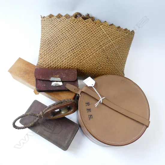 LEATHER COLLAR BOX 'P.F.S.' 200mm dia, WALLET, TIN, WOVEN KETE BAG ETC