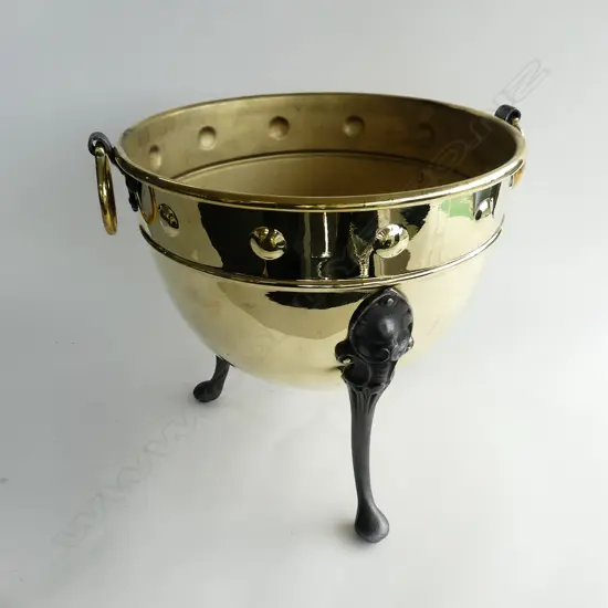 CLASSICAL HEAVY POLISHED BRASS PLANTER W 3 IRON LEGS  Dia.360mm