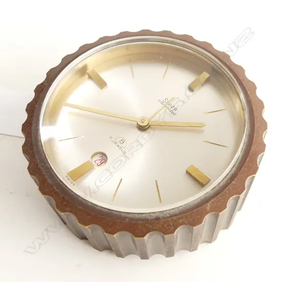 SWIZA BRONZE, CALENDAR ALARM CLOCK, C 1960'S, DIA 83MM - IN WORKING ORDER