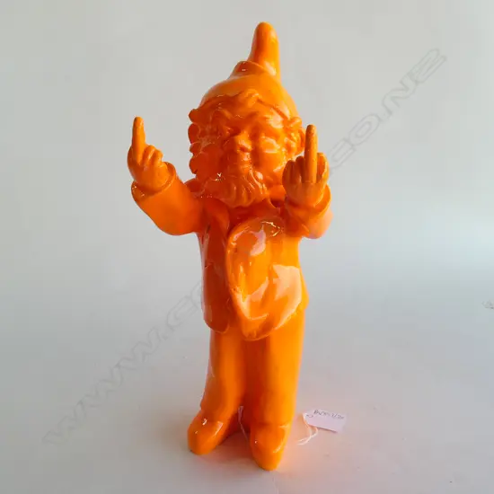 ORANGE RESIN GNOME GIVING BOTH FINGERS H.310mm
