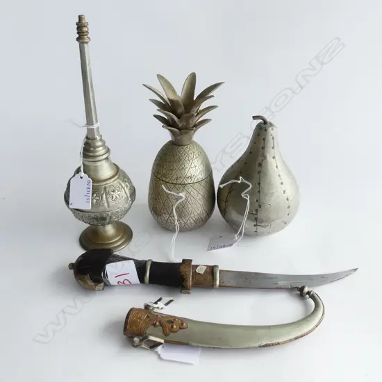 ISLAMIC KNIFE OIL LAMP & 2 METAL PCS OF FRUIT