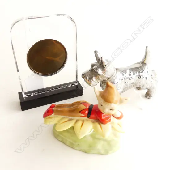 3 ASST; CHROME TERRIER (L. 110MM) CERAMIC ELF (L 90MM) & COMMEMORATIVE PLAQUE