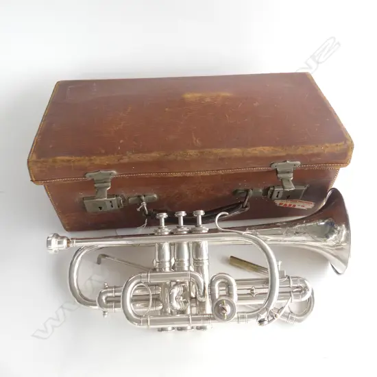 EARLY c20TH CASED CORNET PROTOTYPE. GOOD CONDITION WITH  EXTENSION PIECE & MUSIC HOLDER. CLASS A " SUPEROTA' BY BESSON 