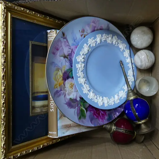 BOX MISC INCL MOROCCAN COLLECTABLES & BOOK, PRINTS ETC..