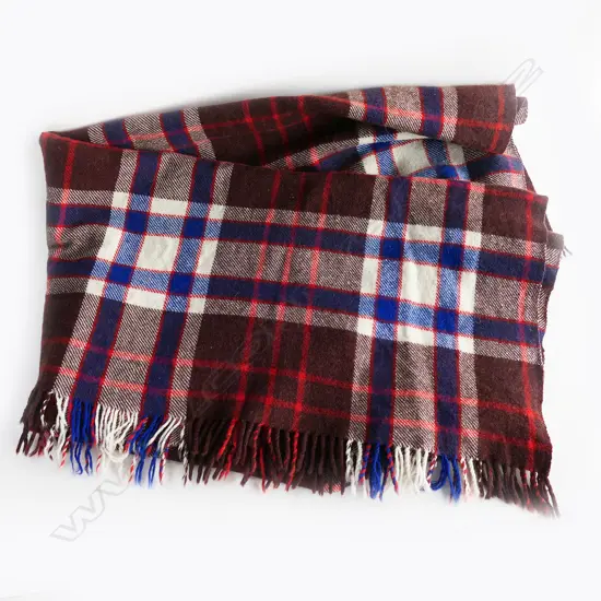 VINTAGE WOOLEN TRAVEL RUG IN BLUE, BROWN & RED CHECK