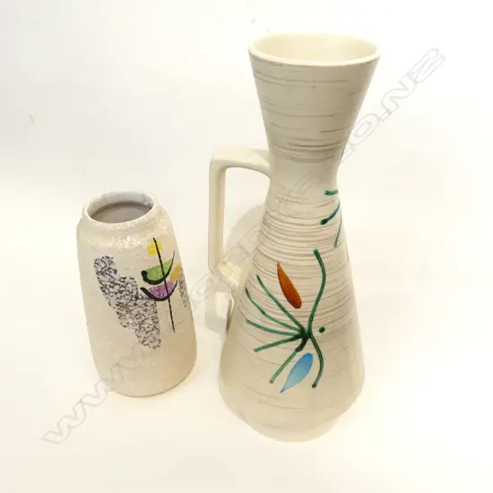 2 MID CENTURY WEST GERMAN VASES, WHITE & FLORAL DESIGNS H. 210 & 360MM
