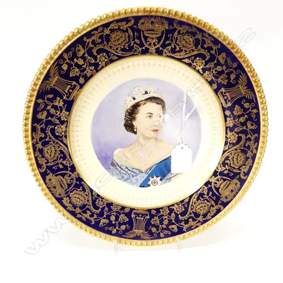 SIMPSONS QEII NZ VISIT COMMEMORATIVE PLATE 1953-54 Dia.270mm enamelled jewelled crown & necklace