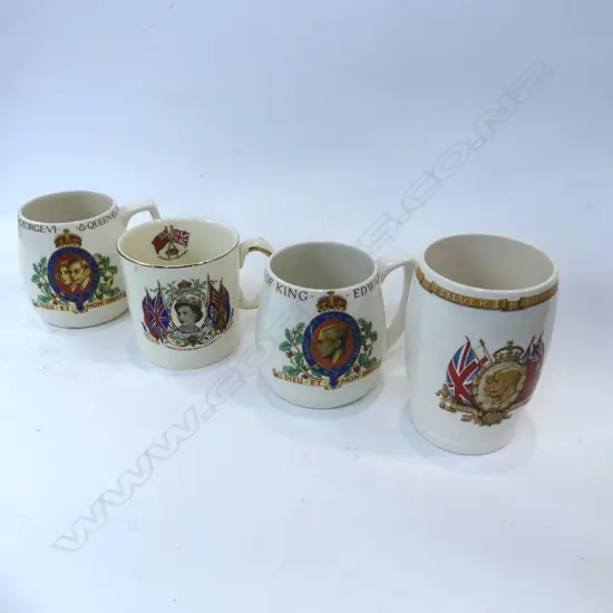 4 CORONATION MUGS; QE11, GEORGE V1, EDWARD V11 & GEORGE V & MARY SILVER JUB. (CRACK)
