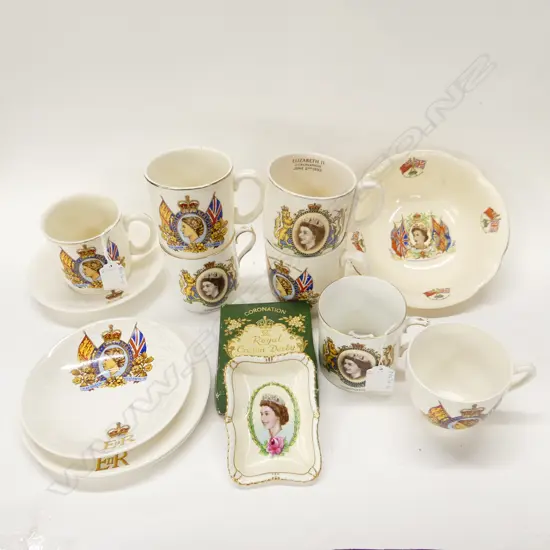 13 PIECES OF QEII CORONATION CHINA, INCL. CUPS, SAUCERS, PLATES, MUGS ETC
