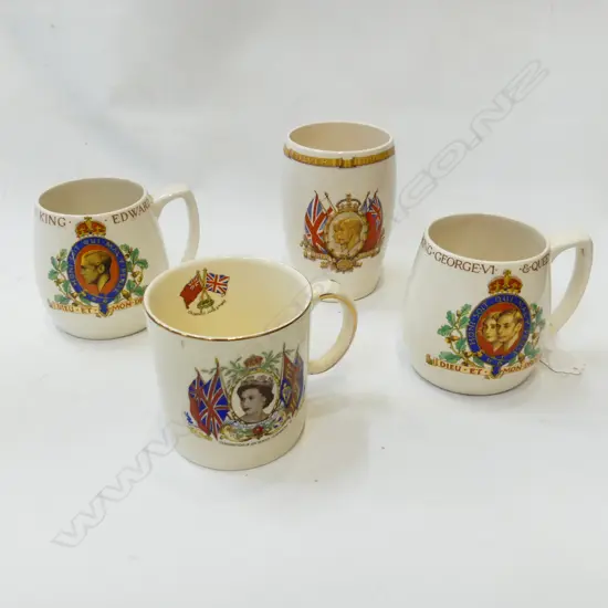 4 CORONATION MUGS; QE11, GEORGE V1, EDWARD V111 & GEORGE V