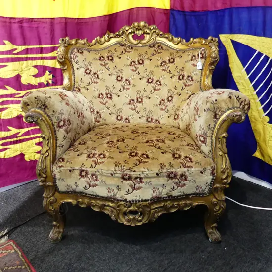 FRENCH STYLE GILDED UPHOLSTERED ARMCHAIR 950 x 800 x 950mm