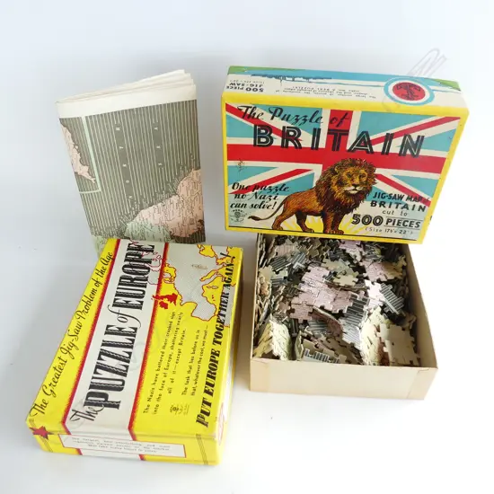 2 UK WWII 'MERE' JIGSAW PUZZLES; 'THE PUZZLE OF BRITIAN 'NO NAZI CAN SOLVE'  & 'THE PUZZLE OF EUROPE', ONE WITH MAP