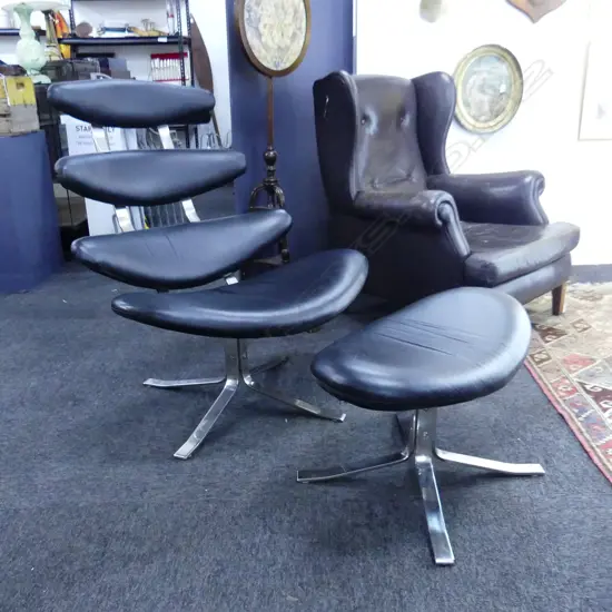 REPRODUCTION BLACK LEATHER CORONA CHAIR & FOOTREST POUL M. VOLTHER FOR ERIK JORGENSEN 1961