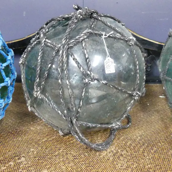 OLD GLASS FISHING FLOAT WITH NETTING DIA 400MM