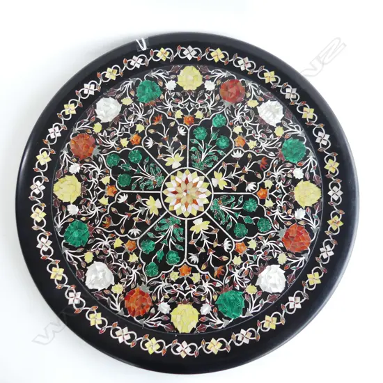 QUALITY PERSIAN BLACK SLATE/MARBLE ? INLAID MULTI STONE PLAQUE Dia.450mm  the stones named to the back malachite etc