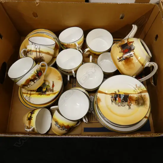 BIG BOX ROYAL DOULTON COACHING DAYS TEAPOT (NO LID) CUPS, SAUCERS, PLATES, VARIOUS SIZES & SHAPES