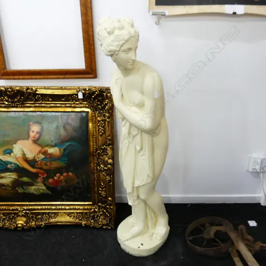 LG WHITE PAINTED CONCRETE STATUE OF SEMI NAKED ROBED LADY H. 1300MM