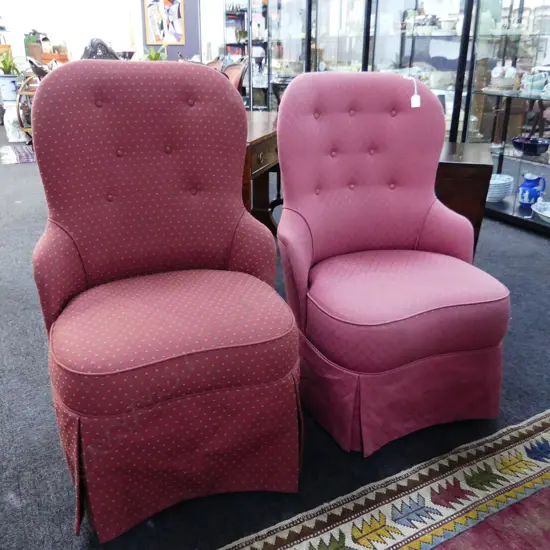 2 PALE RED UPHOLSTERED TUB CHAIRS