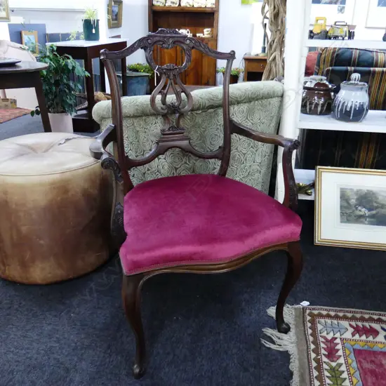 CHIPPENDALE STYLE CARVER CHAIR CRIMSON VELVET SEAT