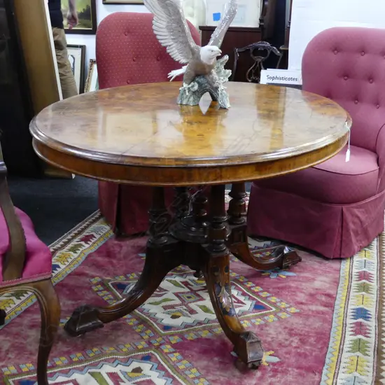 VICTORIAN OVAL TILT TOP TABLE; BURR INLAID TOP