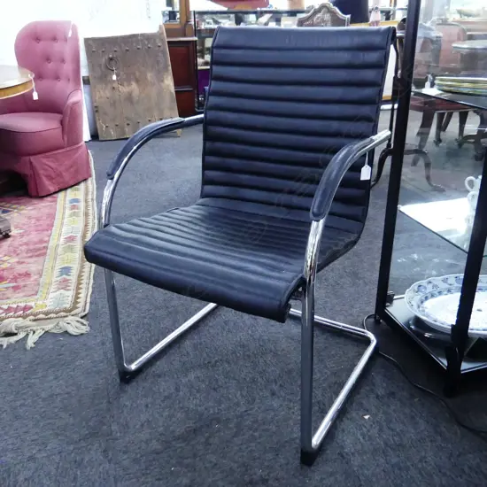 CHROME CANTILEVER  FAUX LEATHER ARM CHAIR MINOR WEAR TO ARMS