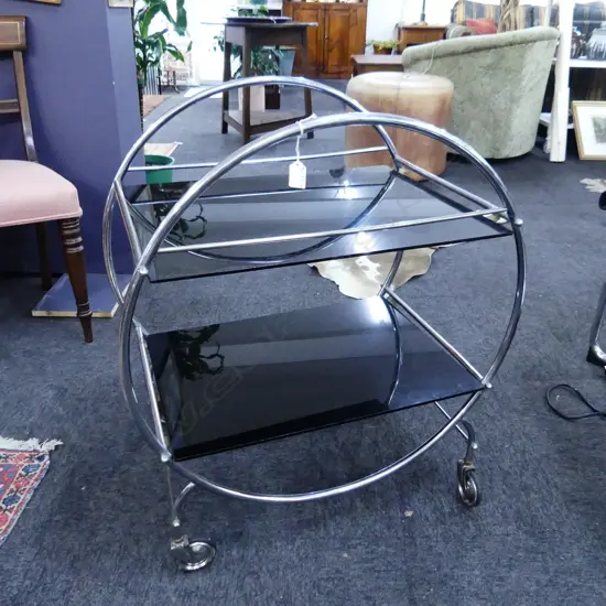 ART DECO STYLE CHROME & BLACK GLASS DRINKS TROLLEY 650x500x770mm