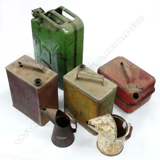 6 VINTAGE PETROL / OIL CANS 