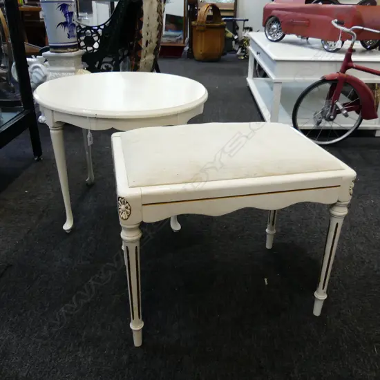 WHITE PAINTED QUEEN ANNE STYLE TABLE + FRENCH STYLE UPHOLSTERED STOOL 
