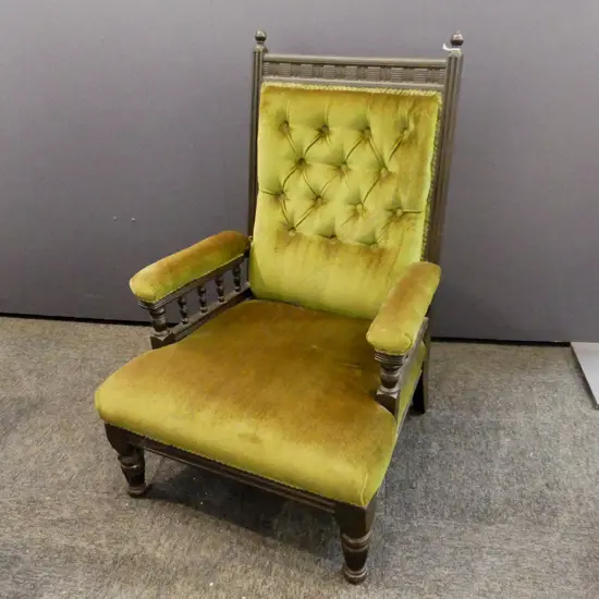 EDWARDIAN GREEN VELVET GRAND FATHER CHAIR