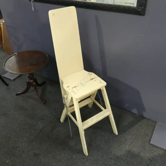 CREAM PAINTED OLD WOODEN FOLDING STEP LADDER, IRONING BOARD & CHAIR H. 900MM