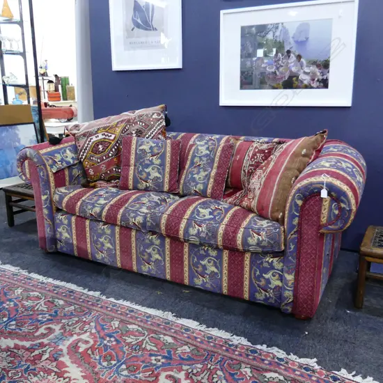 RED / BLUE STRIPE UPHOLSTERED ROLL ARM SOFA