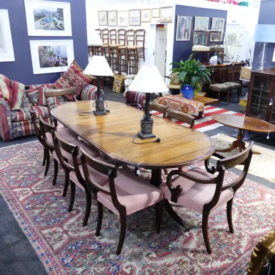 REGENCY STYLE TWIN PEDESTAL D-END DINING TABLE w. 1 LEAF + 10 BLADE BACK DINING CHAIRS (2 CARVERS)