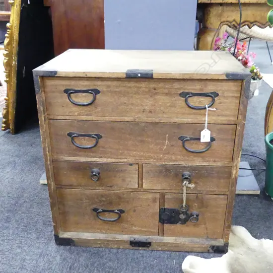 OLD JAPANESE MEIJI BEDSIDE TANSU CABINET (BLACK STRING ON KEY) H.560mm. 6 drawer