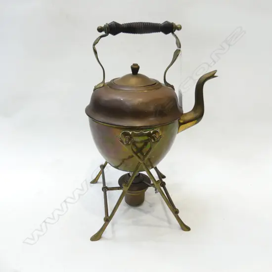 ARTS & CRAFTS PERIOD BRASS SPIRIT KETTLE ON STAND WITH BURNER & EBONY HANDLE H. 350MM