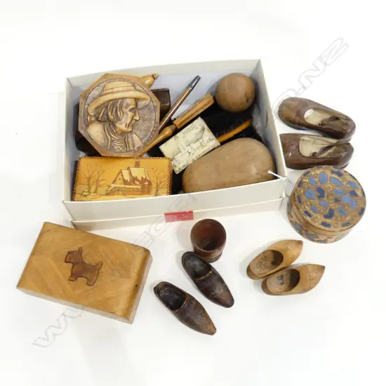 BOX LOT ASST. TREEN; BRUSHES, CLOGS, CONTAINERS ETC