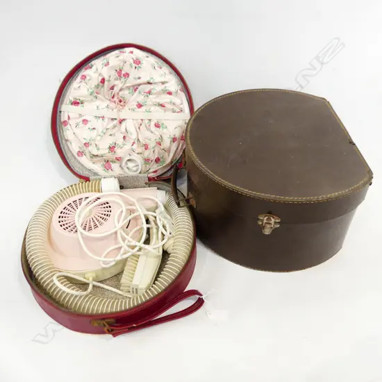 HAT BOX + VINTAGE HAIR DRYER, CASED