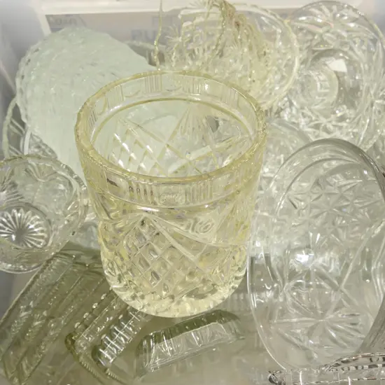 BOX LOT ASST. CLEAR DEPRESSIONWARE PRESSED GLASS
