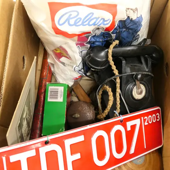 BOX LOT VINTAGE PHONE, DISCUSS, SPRAYER ETC