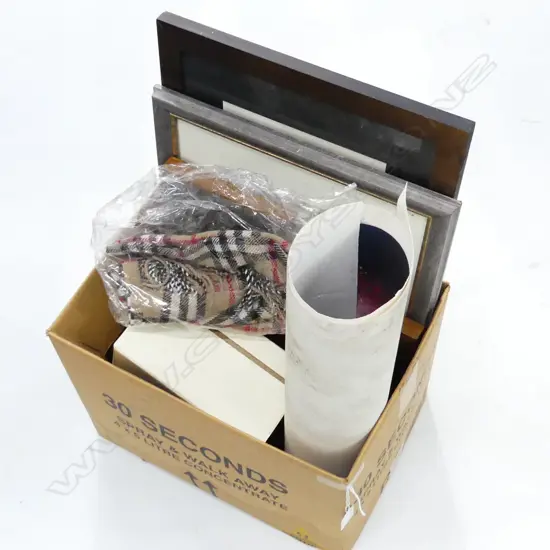 BOX LOT 3 ZINC ARTWORKS, LANDSCAPE W/C, SCARVES ETC