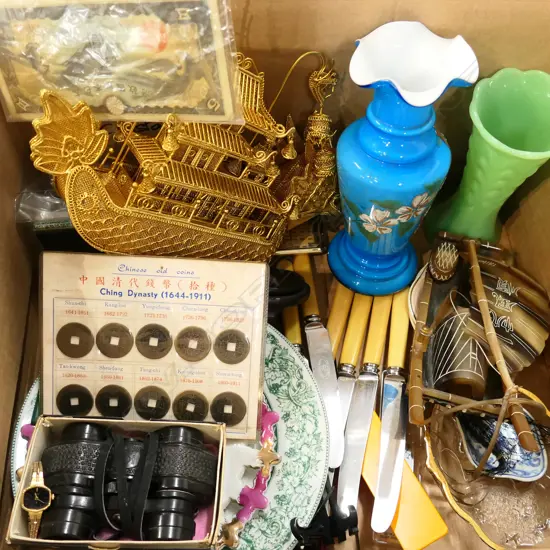 BOX LOT ASST. ORIENTAL ITEMS, 6 IVORINE 'BONE' KNIVES. CHINESE MONEY, OPERA GLASSES ETC