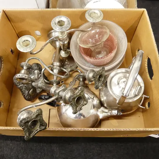 BOX LOT SILVER PLATE CANDELABRA, TEA POTS, GLASS BOWLS