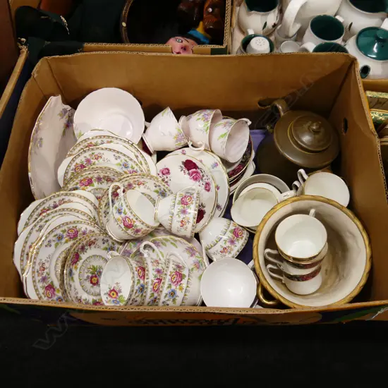 BOX LOT ASST. TEACUPS & SAUCERS ETC