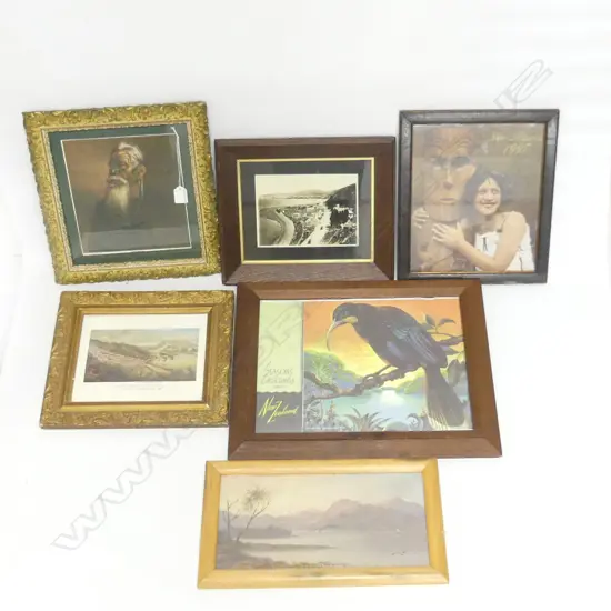 A NZ THEMED LOT OF PICTURES INCL AN ORIGINAL W/C + A PRINT OF RENATA KAWEPO BY GOTFRIED LINDAUER H. 240 x 210mm