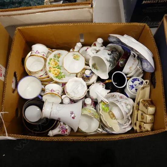 BOX LOT ASST CHINA INCL ROYAL ALBERT, SHELLEY, ETC.