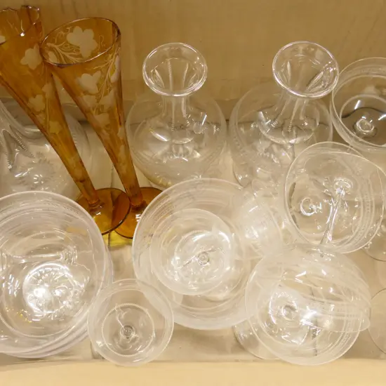 BOX LOT ASST. ETCHED GLASSES, DECANTERS ETC